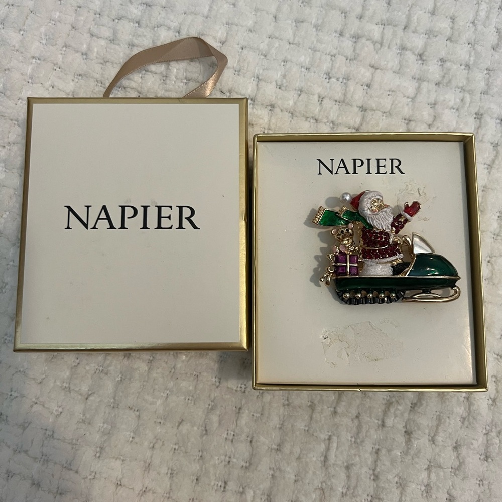 Napier Holiday Santa Sleigh Pin with Green and Red Accents